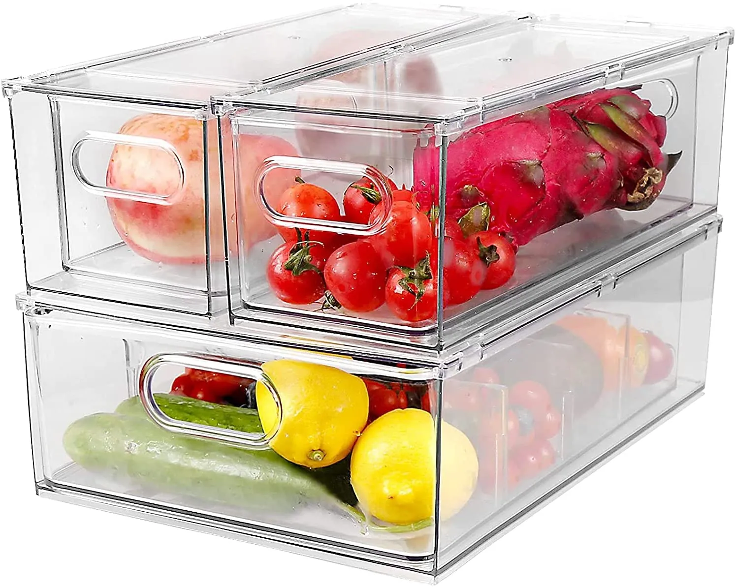 JOOFLI Refrigerator Organizer Bins with Pull-out Drawer, Large Stackable Fridge Drawer Organizer Set with Handle, BPA-free Drawable Clear Storage Cases for Freezer, Cabinet, Kitchen, Pantry Organization