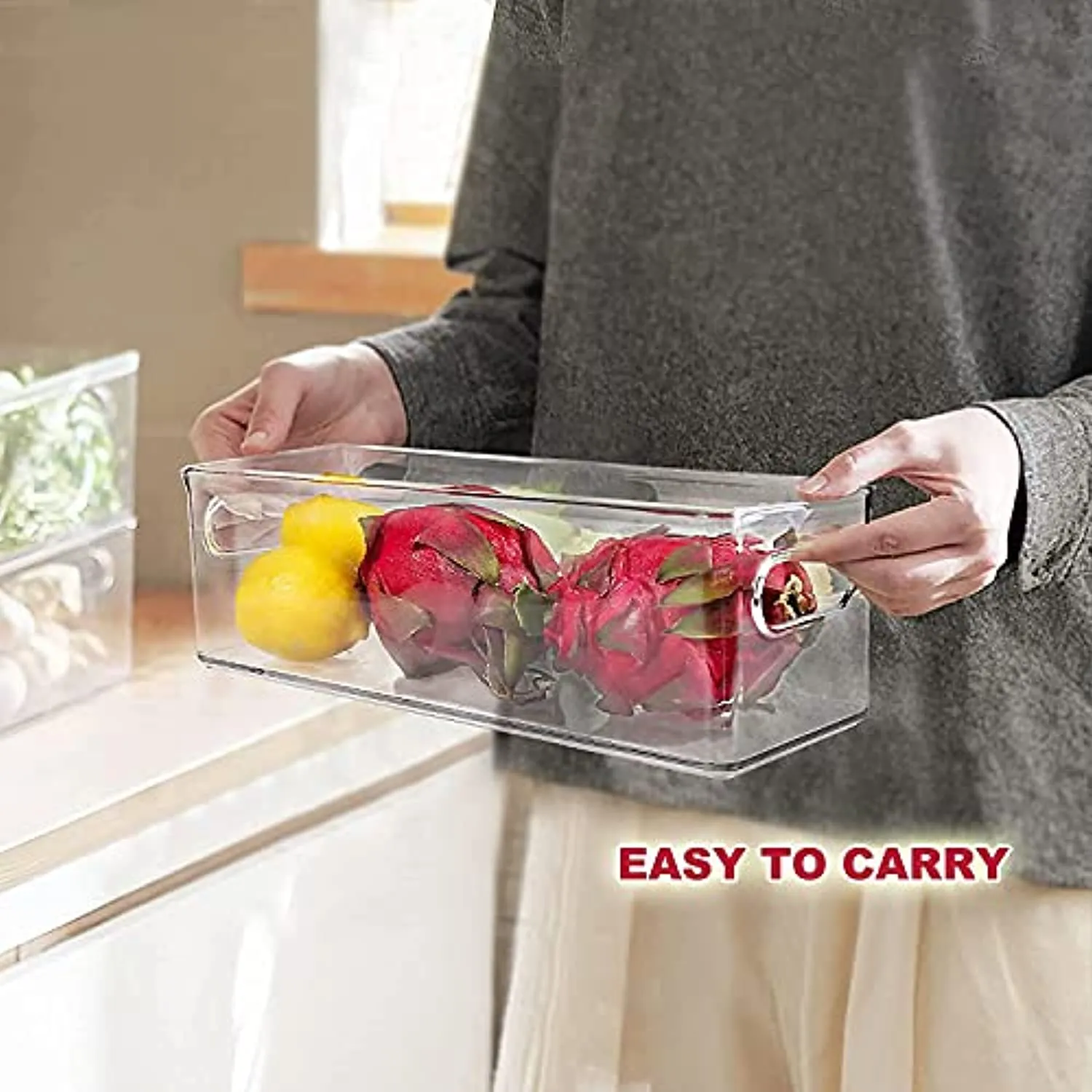 JOOFLI Refrigerator Organizer Bins with Pull-out Drawer, Large Stackable Fridge Drawer Organizer Set with Handle, BPA-free Drawable Clear Storage Cases for Freezer, Cabinet, Kitchen, Pantry Organization