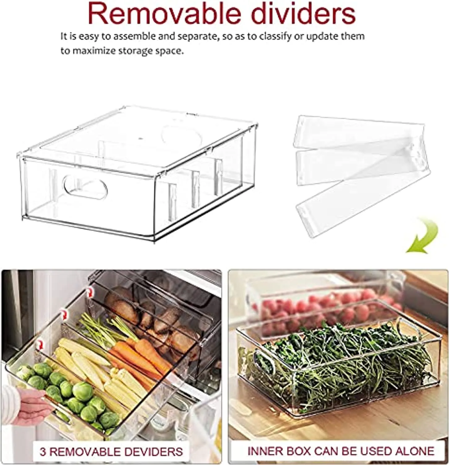 JOOFLI Refrigerator Organizer Bins with Pull-out Drawer, Large Stackable Fridge Drawer Organizer Set with Handle, BPA-free Drawable Clear Storage Cases for Freezer, Cabinet, Kitchen, Pantry Organization