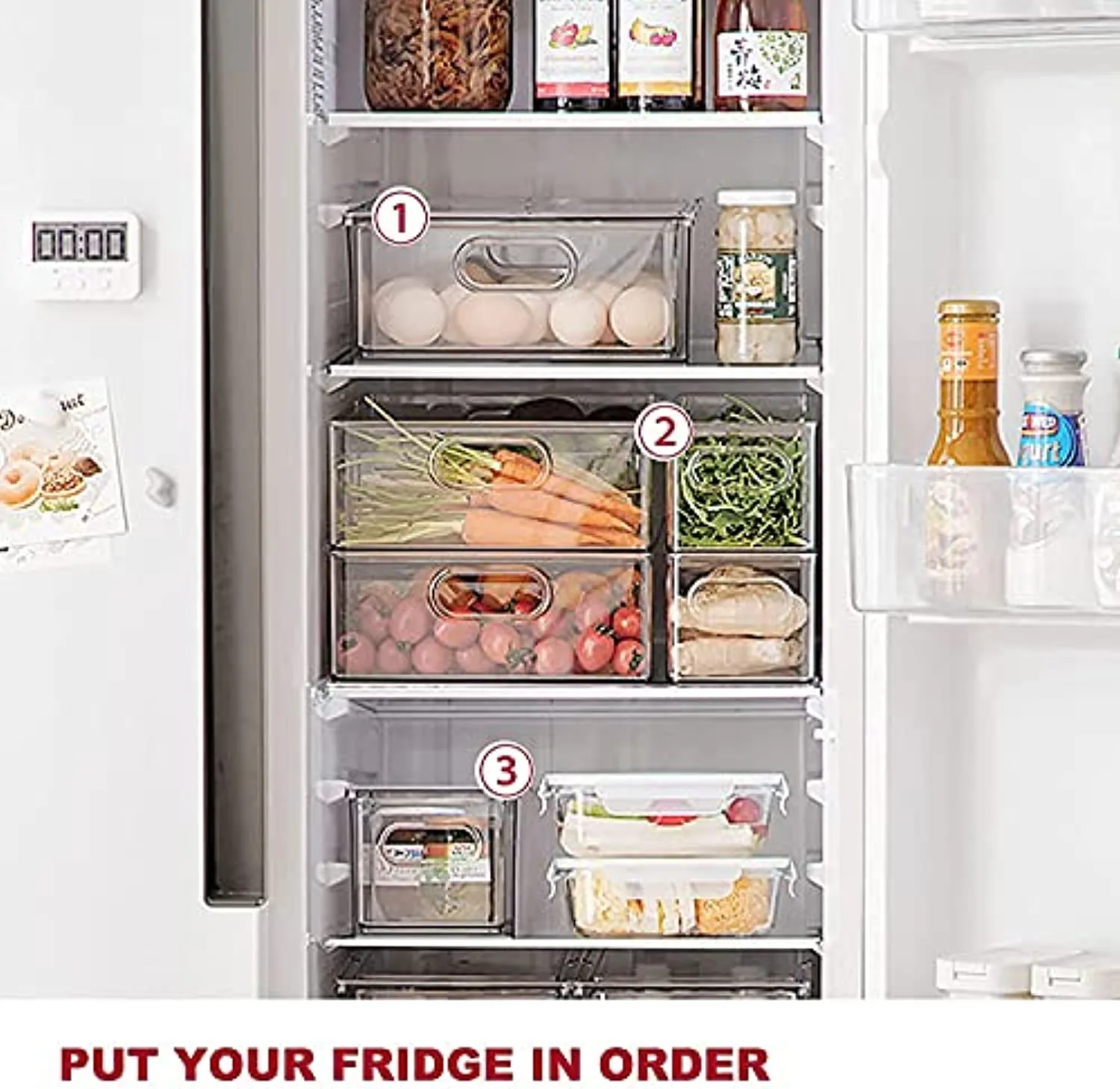 JOOFLI Refrigerator Organizer Bins with Pull-out Drawer, Large Stackable Fridge Drawer Organizer Set with Handle, BPA-free Drawable Clear Storage Cases for Freezer, Cabinet, Kitchen, Pantry Organization