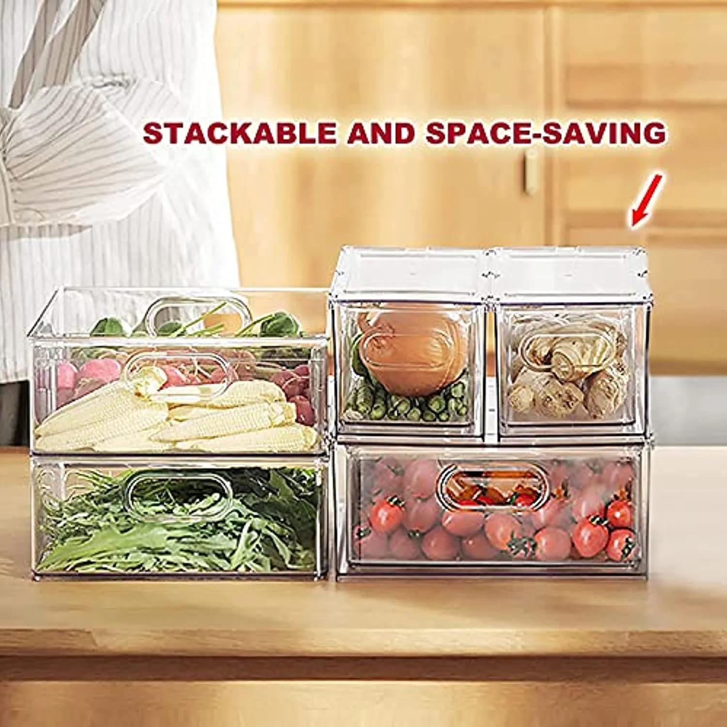 JOOFLI Refrigerator Organizer Bins with Pull-out Drawer, Large Stackable Fridge Drawer Organizer Set with Handle, BPA-free Drawable Clear Storage Cases for Freezer, Cabinet, Kitchen, Pantry Organization