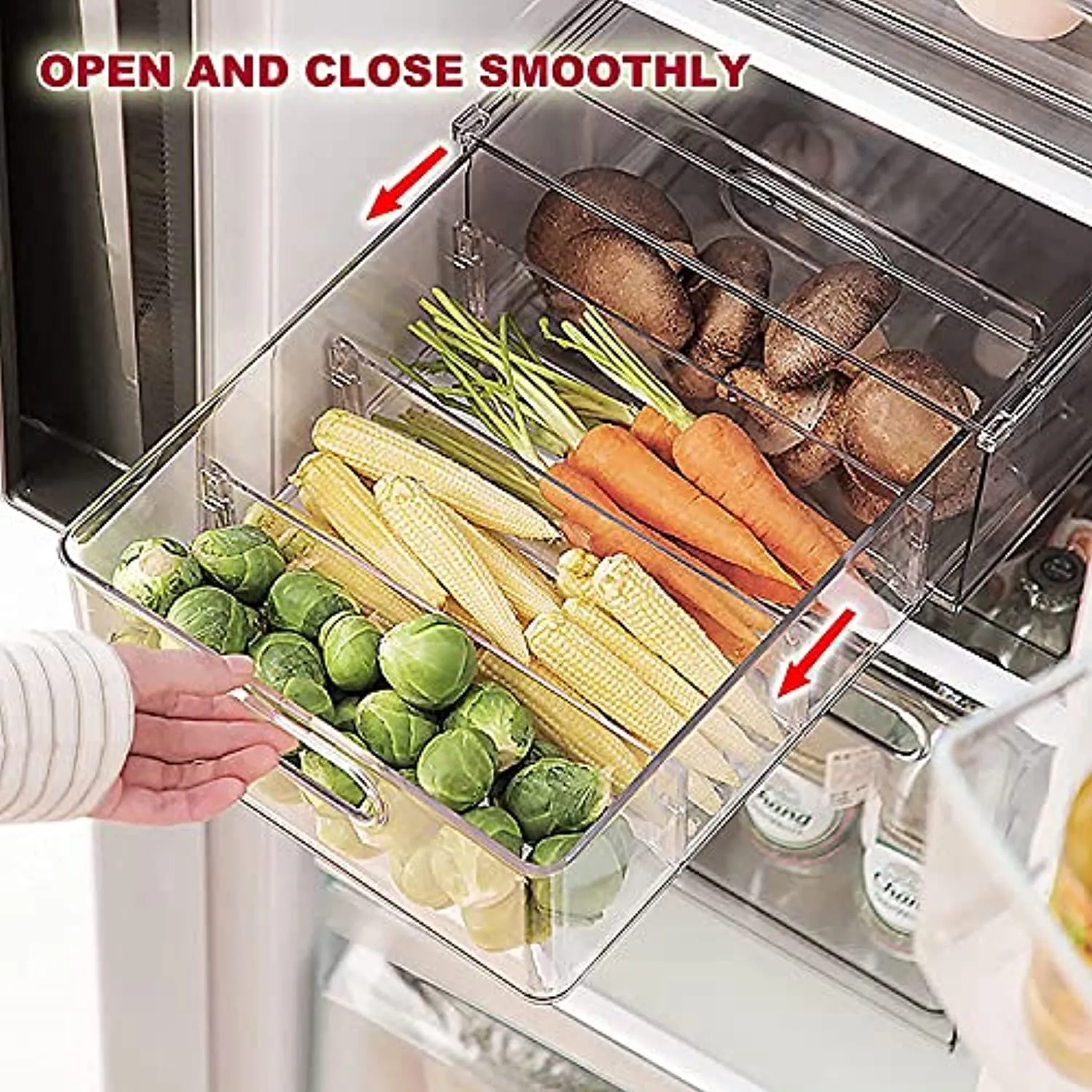 JOOFLI Refrigerator Organizer Bins with Pull-out Drawer, Large Stackable Fridge Drawer Organizer Set with Handle, BPA-free Drawable Clear Storage Cases for Freezer, Cabinet, Kitchen, Pantry Organization