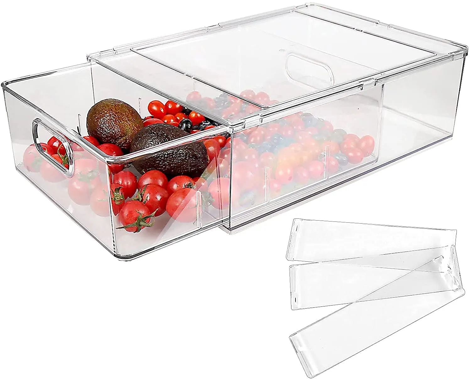 JOOFLI Refrigerator Organizer Bins with Pull-out Drawer, Large Stackable Fridge Drawer Organizer Set with Handle, BPA-free Drawable Clear Storage Cases for Freezer, Cabinet, Kitchen, Pantry Organization