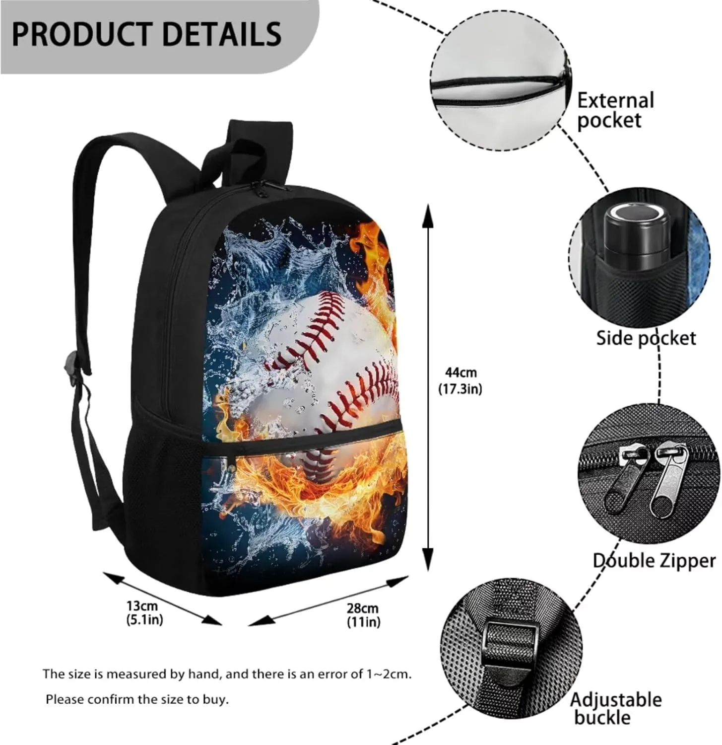 Kids Backpack Boys Baseball School Bookbag Set with Lunch Box Pencil Case Water Fire Print 10-12 Kids Big School Bags Elementary School 4th Grade Hiking Camping Backpacks Rucksack