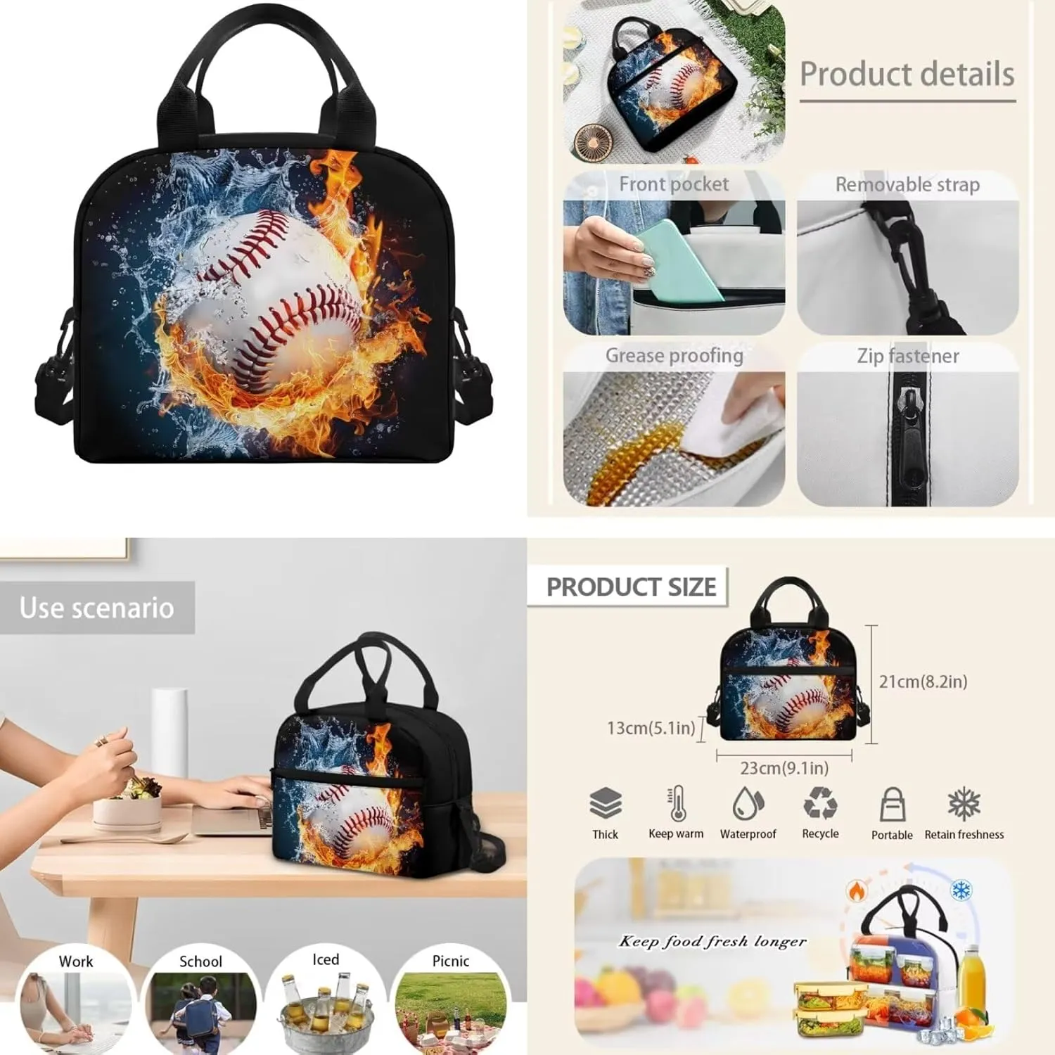 Kids Backpack Boys Baseball School Bookbag Set with Lunch Box Pencil Case Water Fire Print 10-12 Kids Big School Bags Elementary School 4th Grade Hiking Camping Backpacks Rucksack