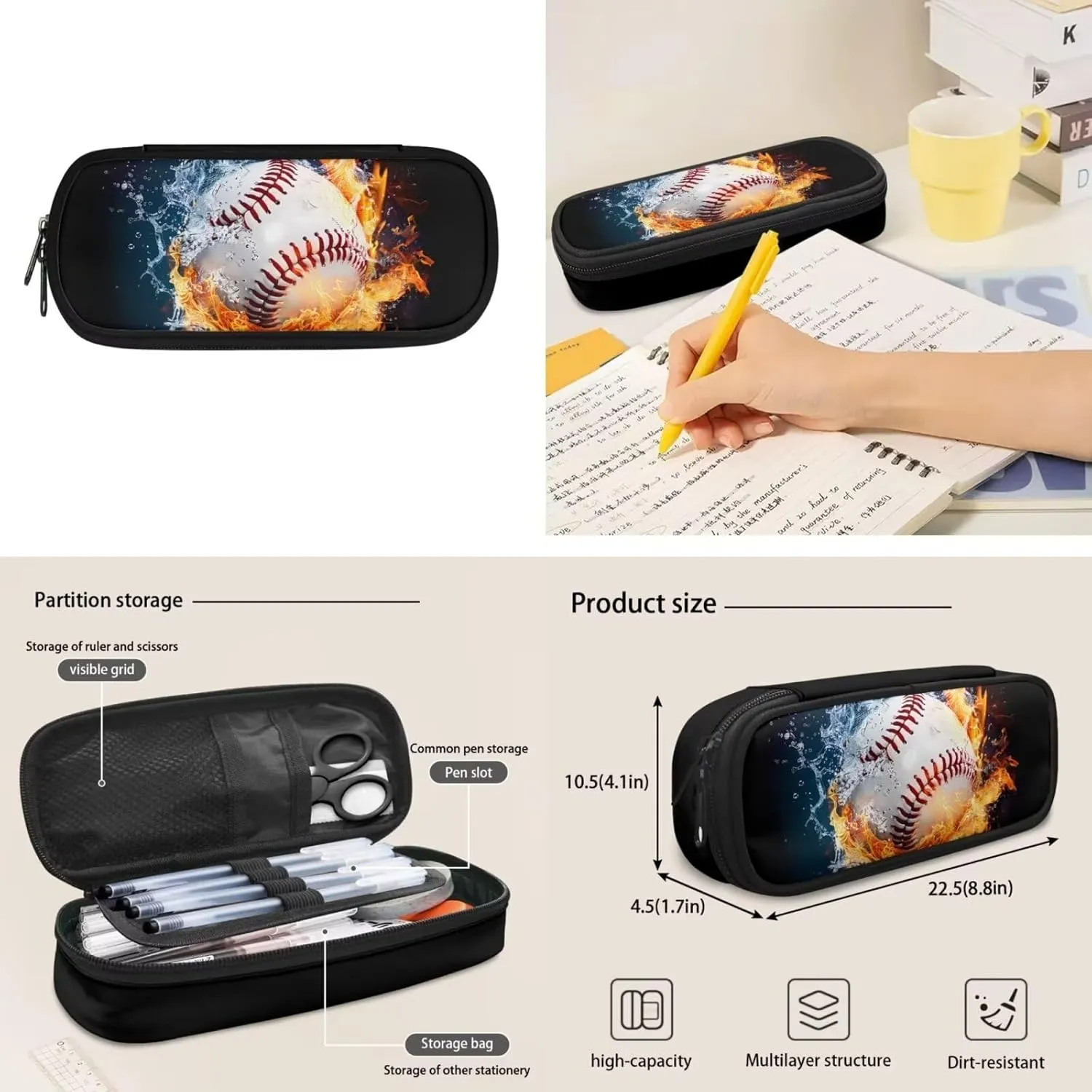Kids Backpack Boys Baseball School Bookbag Set with Lunch Box Pencil Case Water Fire Print 10-12 Kids Big School Bags Elementary School 4th Grade Hiking Camping Backpacks Rucksack