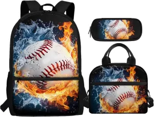 Kids Backpack Boys Baseball School Bookbag Set with Lunch Box Pencil Case Water Fire Print 10-12 Kids Big School Bags Elementary School 4th Grade Hiking Camping Backpacks Rucksack