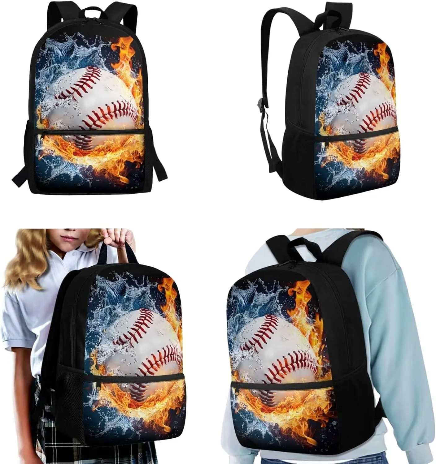 Kids Backpack Boys Baseball School Bookbag Set with Lunch Box Pencil Case Water Fire Print 10-12 Kids Big School Bags Elementary School 4th Grade Hiking Camping Backpacks Rucksack