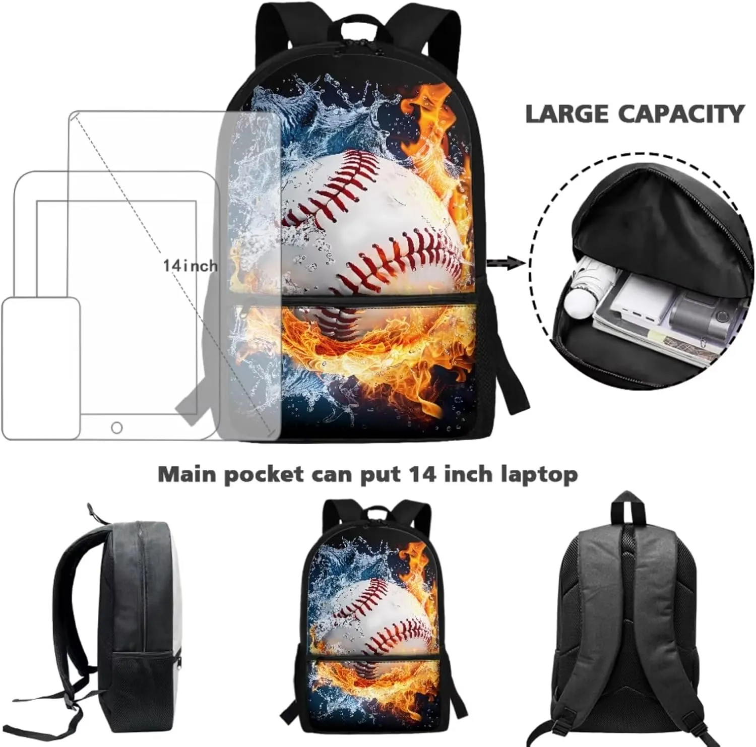 Kids Backpack Boys Baseball School Bookbag Set with Lunch Box Pencil Case Water Fire Print 10-12 Kids Big School Bags Elementary School 4th Grade Hiking Camping Backpacks Rucksack