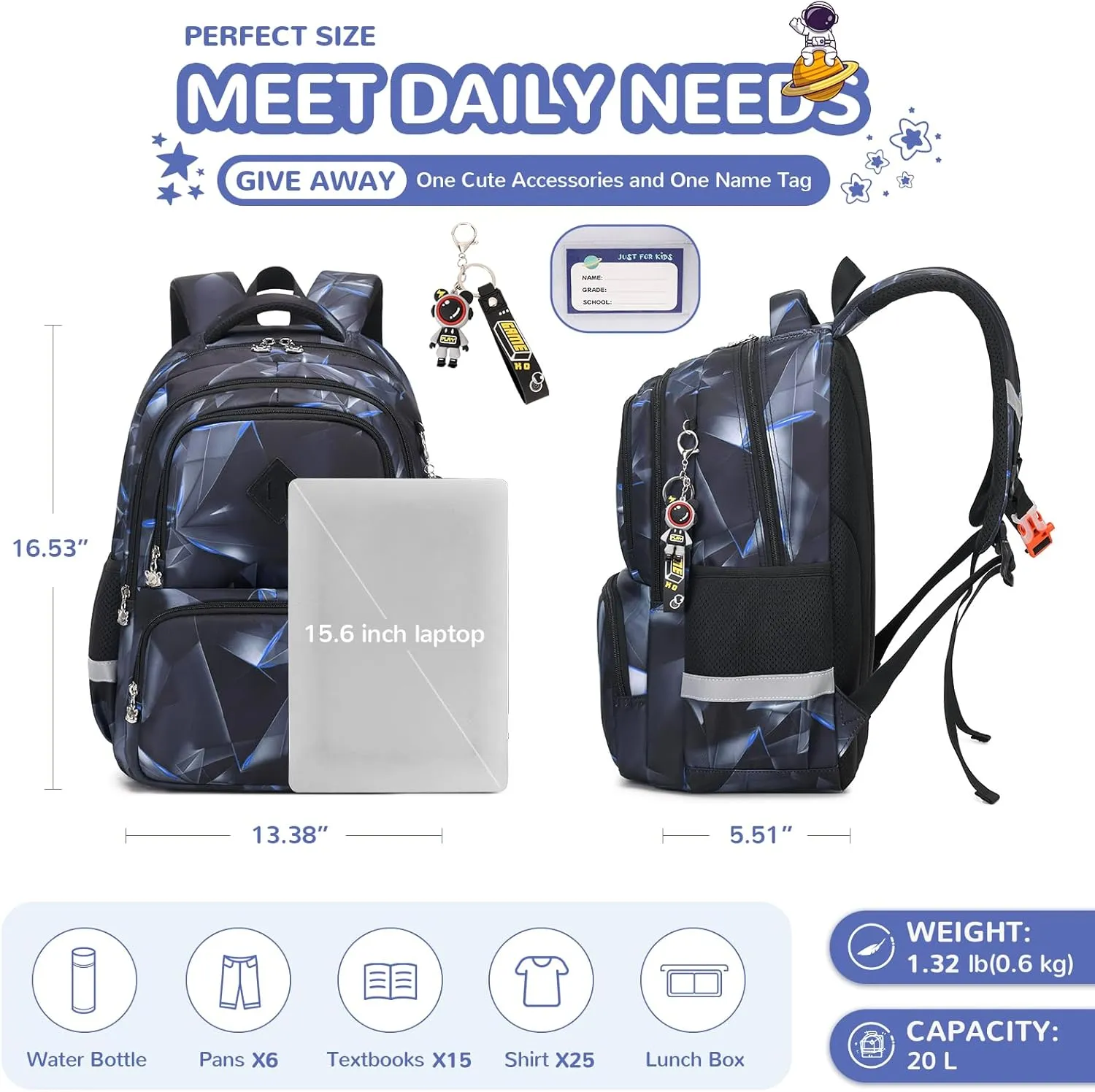Kids Backpack, Kawaii Printed Boys Girls Bookbags for Preschool, Lightweight School Backpack for Primary and Elementary and Kindergarten, Waterproof Teen Backpacks, Black/Geometry