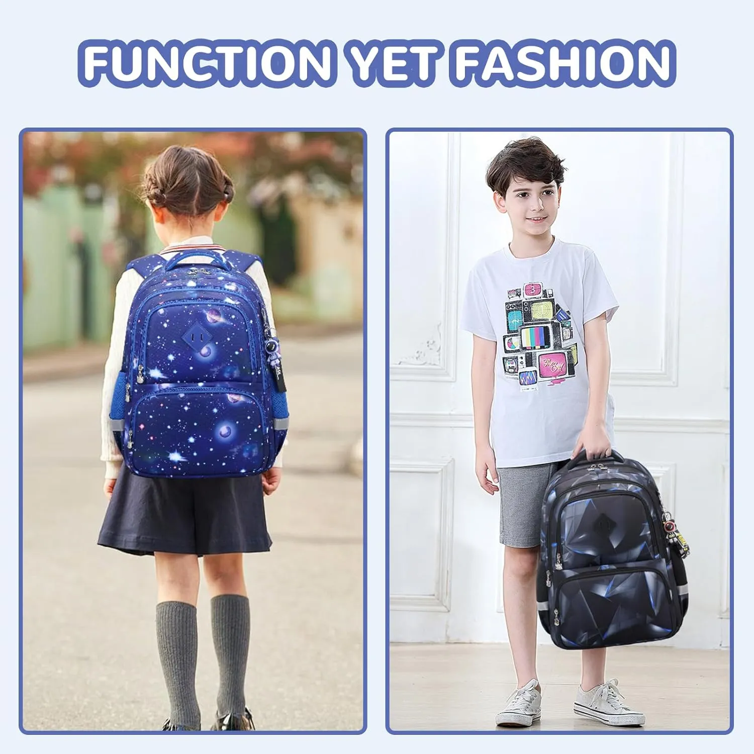Kids Backpack, Kawaii Printed Boys Girls Bookbags for Preschool, Lightweight School Backpack for Primary and Elementary and Kindergarten, Waterproof Teen Backpacks, Black/Geometry