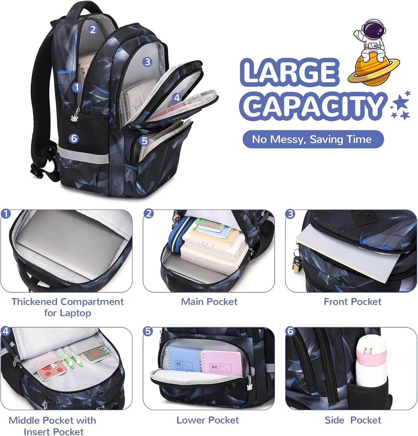 Kids Backpack, Kawaii Printed Boys Girls Bookbags for Preschool, Lightweight School Backpack for Primary and Elementary and Kindergarten, Waterproof Teen Backpacks, Black/Geometry