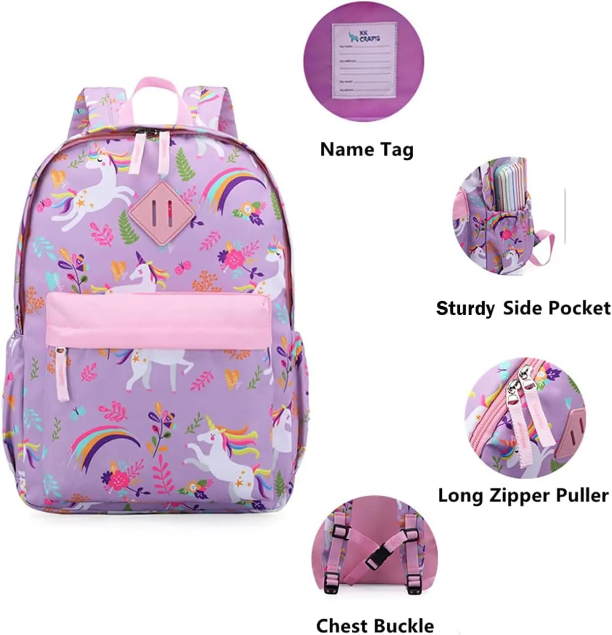KK CRAFTS Preschool Backpack Kindergarten Little Kids Toddler Elementary School Backpacks for Boys and Girls with Chest Strap(Purple Unicorn)