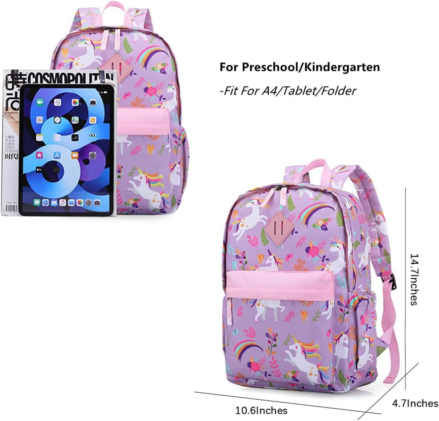 KK CRAFTS Preschool Backpack Kindergarten Little Kids Toddler Elementary School Backpacks for Boys and Girls with Chest Strap(Purple Unicorn)