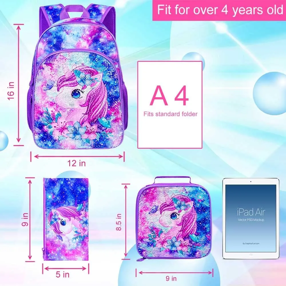 KLFVB 3PCS Unicorn Mermaid Backpack for Girls, 16" Sequin Kids Bookbag and Lunch Box, Preschool Backpacks for Elementary