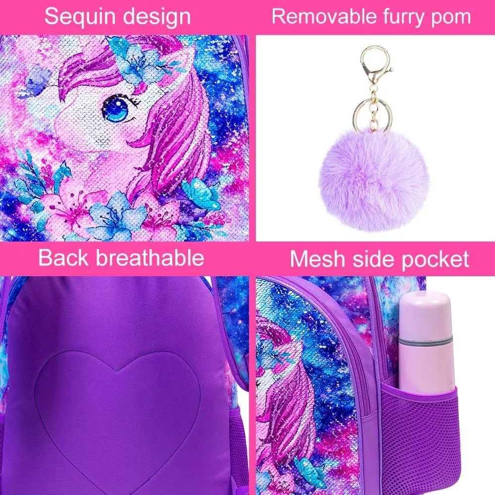 KLFVB 3PCS Unicorn Mermaid Backpack for Girls, 16" Sequin Kids Bookbag and Lunch Box, Preschool Backpacks for Elementary