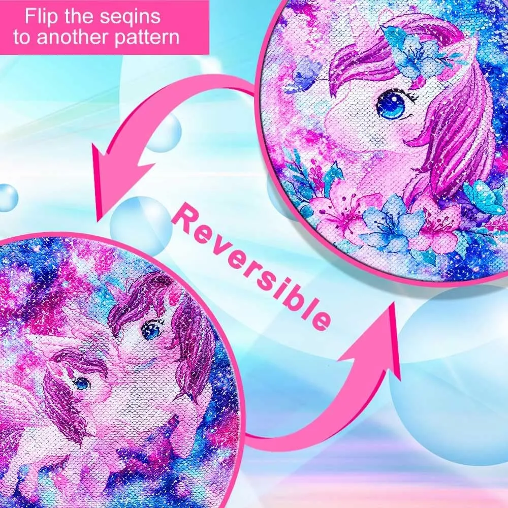 KLFVB 3PCS Unicorn Mermaid Backpack for Girls, 16" Sequin Kids Bookbag and Lunch Box, Preschool Backpacks for Elementary