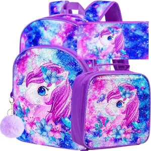 KLFVB 3PCS Unicorn Mermaid Backpack for Girls, 16" Sequin Kids Bookbag and Lunch Box, Preschool Backpacks for Elementary