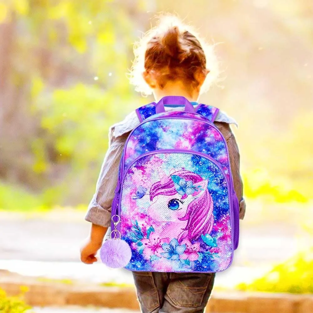 KLFVB 3PCS Unicorn Mermaid Backpack for Girls, 16" Sequin Kids Bookbag and Lunch Box, Preschool Backpacks for Elementary