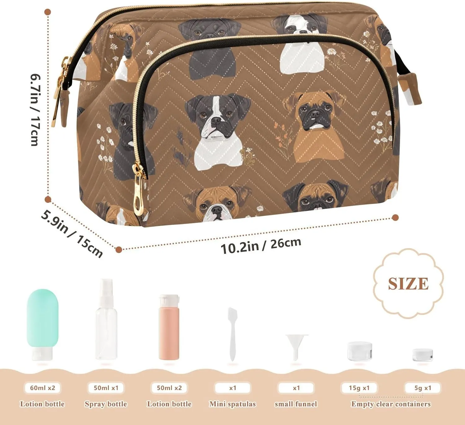 KLL Cute Boxer Dogs Brown Travel Bag Zipper Makeup Cosmetic Bag Women's Coin Purse for Cosmetic Toiletry