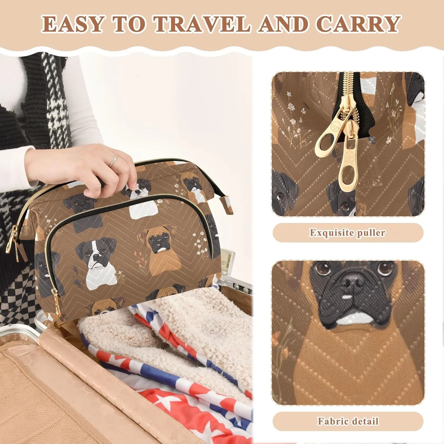 KLL Cute Boxer Dogs Brown Travel Bag Zipper Makeup Cosmetic Bag Women's Coin Purse for Cosmetic Toiletry