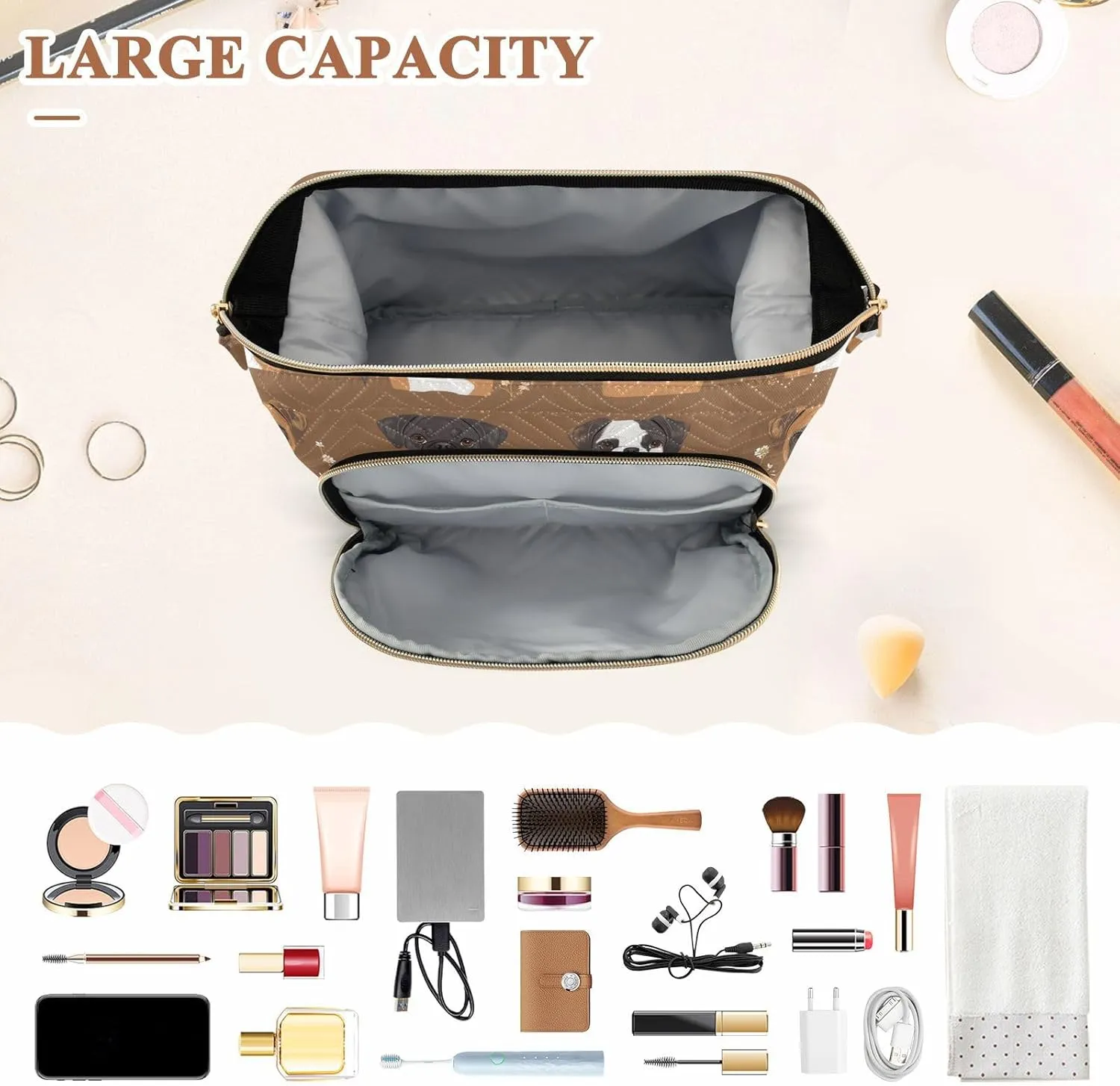 KLL Cute Boxer Dogs Brown Travel Bag Zipper Makeup Cosmetic Bag Women's Coin Purse for Cosmetic Toiletry