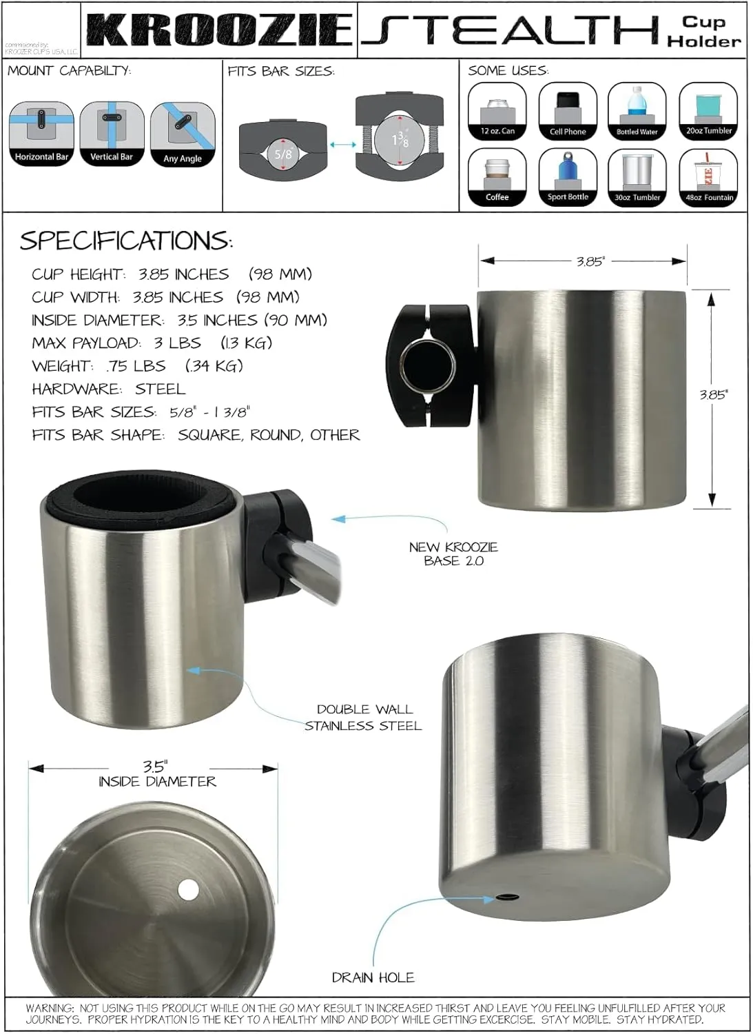 Kroozie Stealth Bike Bottle Holder – Sturdy, Stainless Steel Bike Cup Holder for Handlebars – For Horizontal & Angled Bars, Cups up to 48 Oz. – Scooter, Cruiser, & Ebike Accessories, Classic Stainless