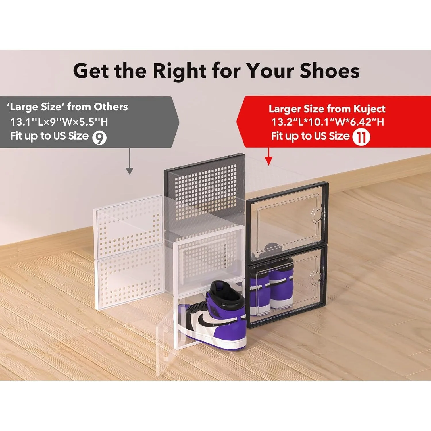 Kuject X-Large Shoe Storage Boxes Organizers for Closet 12 Pack, Fit Size 11,Clear Plastic Stackable Sneaker Containers for Entryway, Space Saving Shoe Rack Holder,Substitute for Drawer Organize Unit