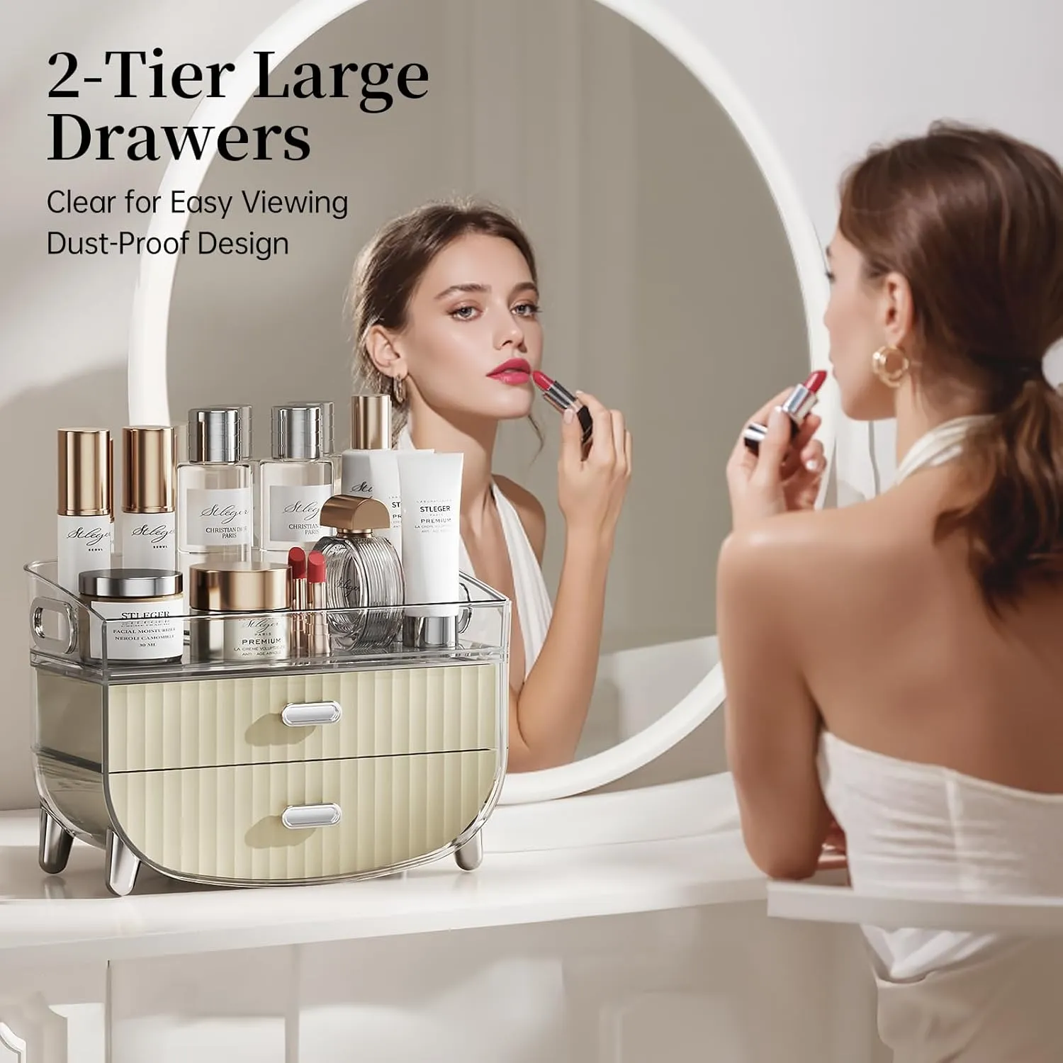 LAMU Makeup Organizer with Drawers, Bathroom Counter Organizers and Storage, Transparent Design Keeps Items Visible and Dust-Free, Simple and Stylish for Vanity, Bathroom, Skincare, Cosmetic, White