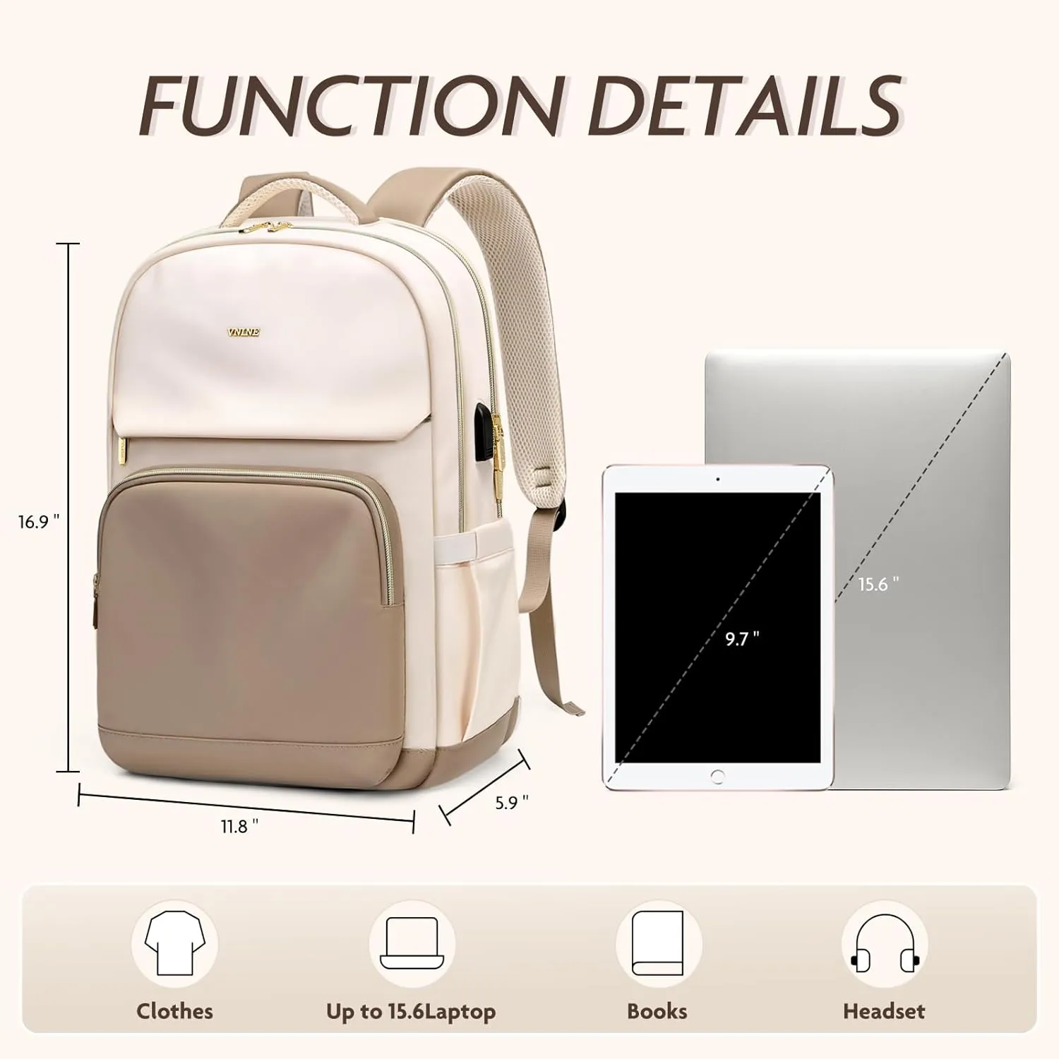 Laptop Backpack for Women - 15.6 Inch Computer Work Bag with USB Port Waterproof Backpack Purse Fashion Travel Backpack for College Daypack Business Travel Teacher, Beige