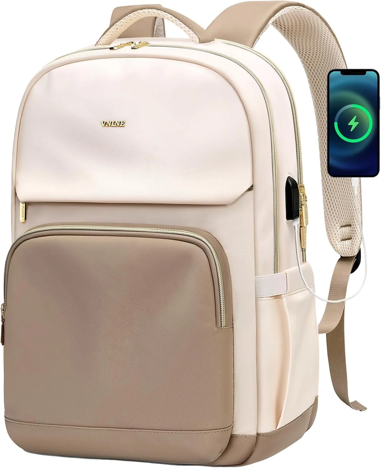 Laptop Backpack for Women - 15.6 Inch Computer Work Bag with USB Port Waterproof Backpack Purse Fashion Travel Backpack for College Daypack Business Travel Teacher, Beige