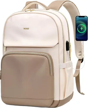 Laptop Backpack for Women - 15.6 Inch Computer Work Bag with USB Port Waterproof Backpack Purse Fashion Travel Backpack for College Daypack Business Travel Teacher, Beige