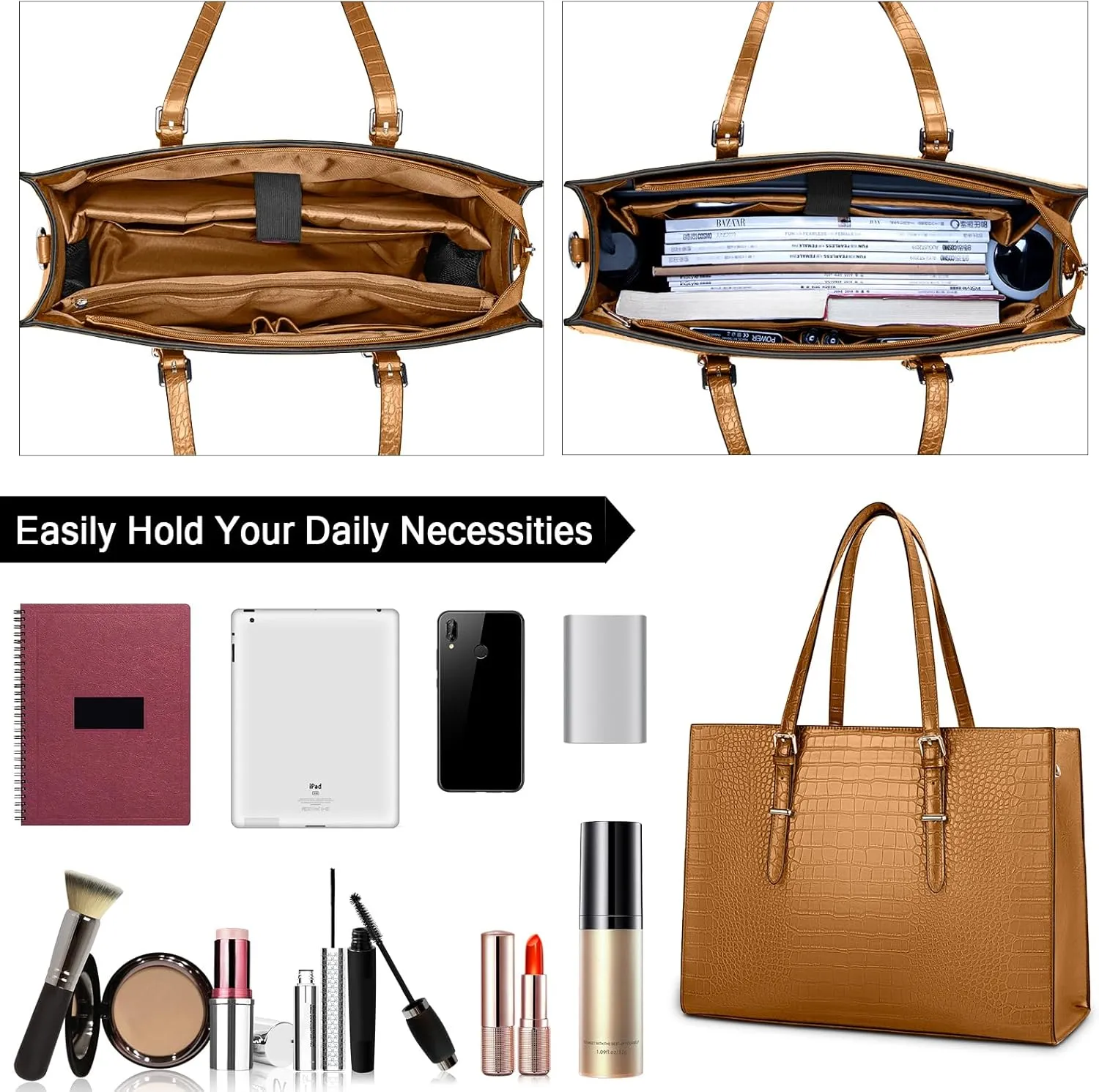 Laptop Bag for Women 15.6 Inch Laptop Tote Bag Leather Classy Computer Briefcase for Work Waterproof Handbag Professional Shoulder Bag Women Business Office Bag Large Capacity(Brown)