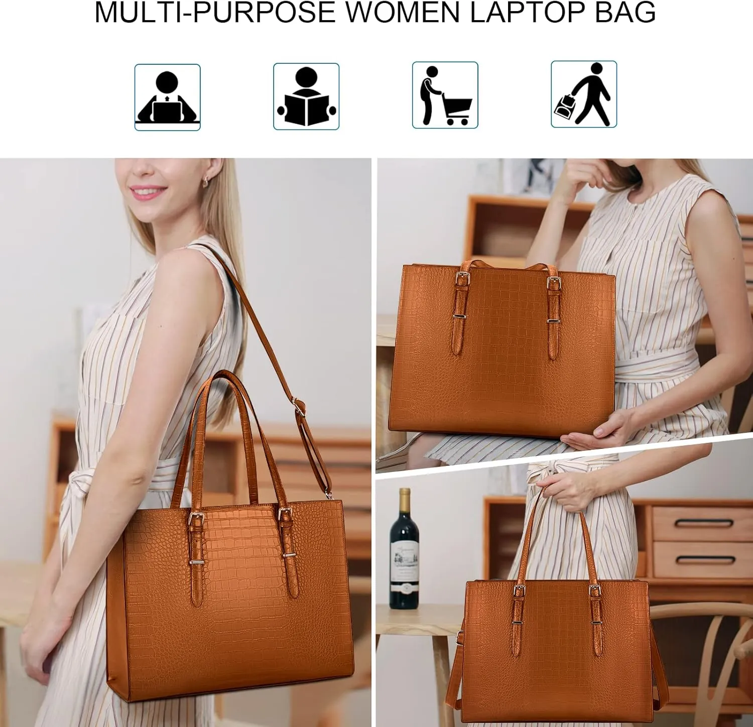 Laptop Bag for Women 15.6 Inch Laptop Tote Bag Leather Classy Computer Briefcase for Work Waterproof Handbag Professional Shoulder Bag Women Business Office Bag Large Capacity(Brown)