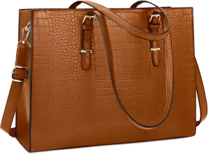 Laptop Bag for Women 15.6 Inch Laptop Tote Bag Leather Classy Computer Briefcase for Work Waterproof Handbag Professional Shoulder Bag Women Business Office Bag Large Capacity(Brown)
