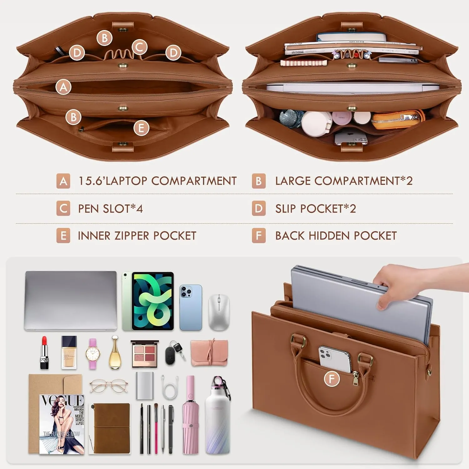 Laptop Bag for Women 15.6 Inch Laptop Tote Bag Waterproof Pu Leather Work Bag Computer Briefcase Office Teacher Handbag