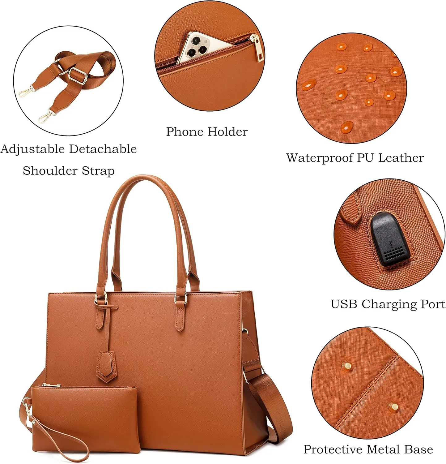 Laptop Bag for Women Laptop Tote bag Work bag with Adjustable Long Strap for Office Women College Student 2 PCS Set (Brown)