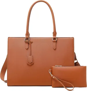 Laptop Bag for Women Laptop Tote bag Work bag with Adjustable Long Strap for Office Women College Student 2 PCS Set (Brown)