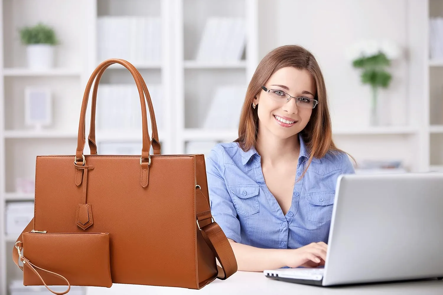 Laptop Bag for Women Laptop Tote bag Work bag with Adjustable Long Strap for Office Women College Student 2 PCS Set (Brown)