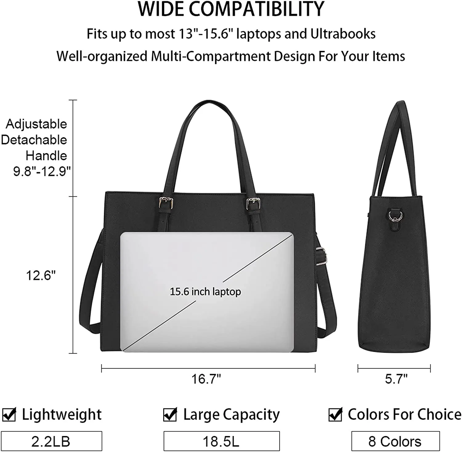 Laptop Bag for Women Waterproof Lightweight Leather 15.6 Inch Computer Tote Bag Business Office Briefcase Large Capacity Handbag Shoulder Bag Professional Office Work Bag Black