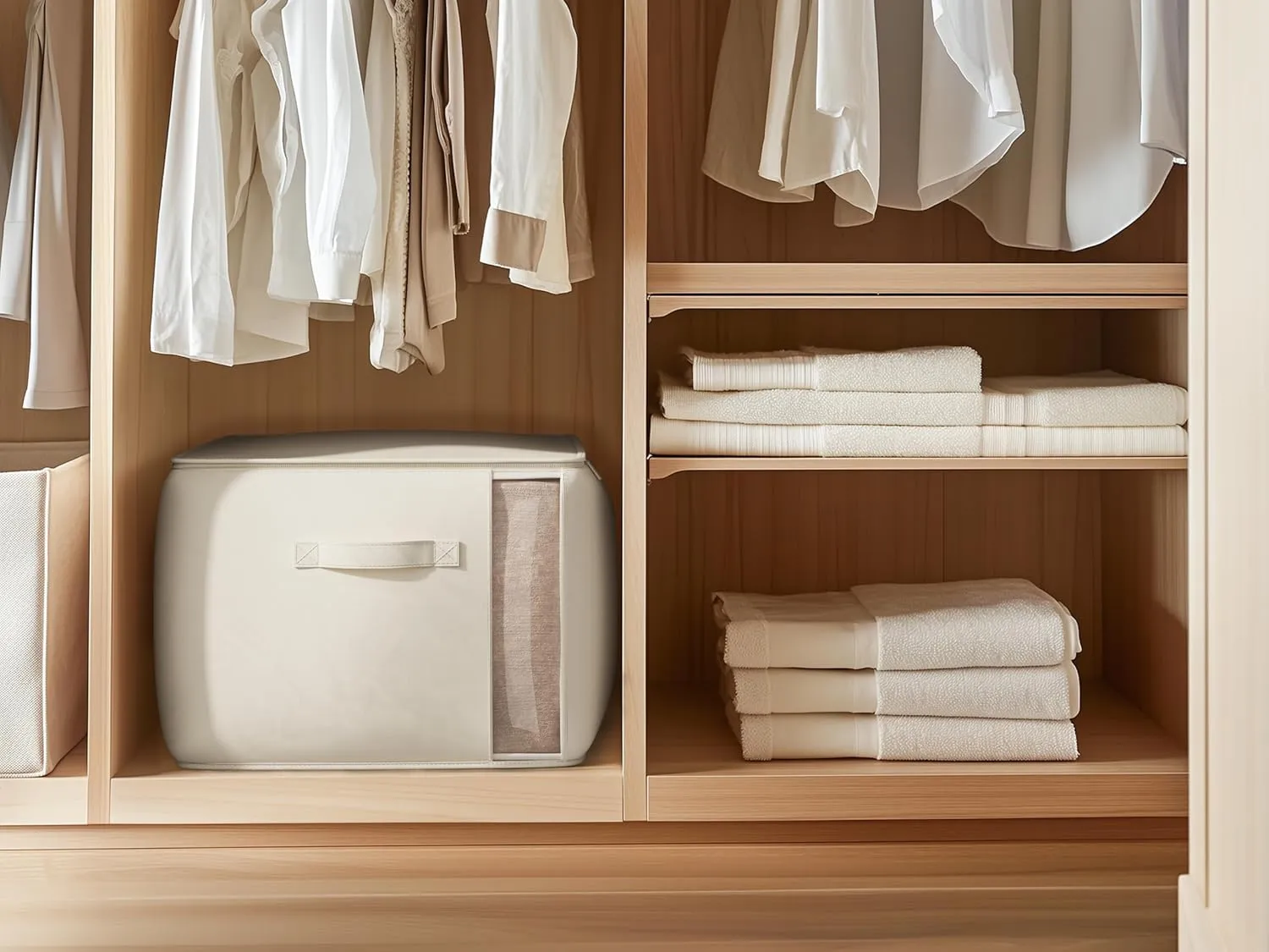Large Canvas Clothes Storage Bags with Thick Handles and Clear Window, Foldable Cotton Linen Closet Organizer for Clothing, Blankets and Bedding, 70L, 2 Pack, Beige