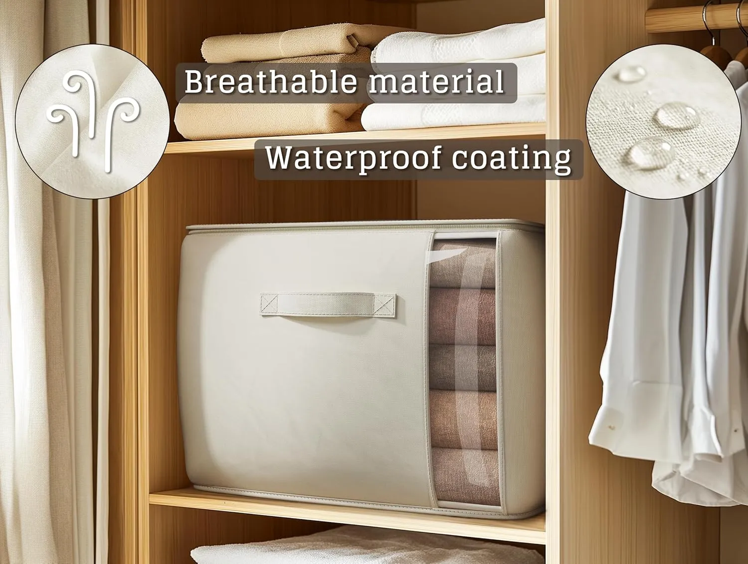Large Canvas Clothes Storage Bags with Thick Handles and Clear Window, Foldable Cotton Linen Closet Organizer for Clothing, Blankets and Bedding, 70L, 2 Pack, Beige