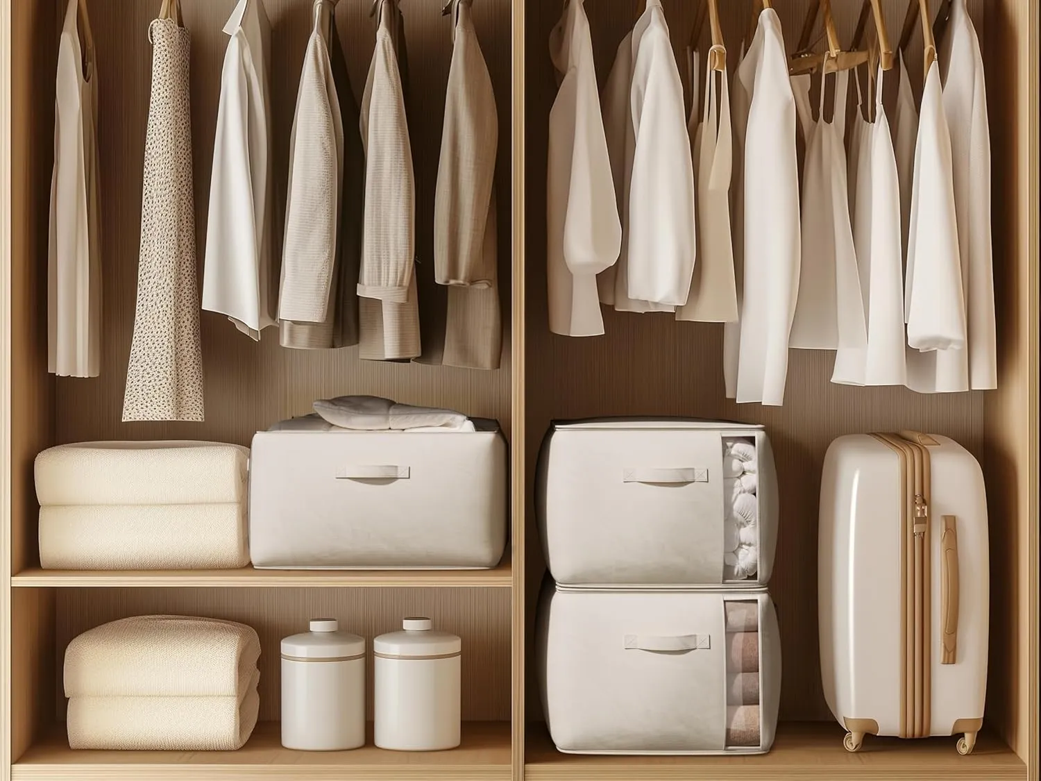 Large Canvas Clothes Storage Bags with Thick Handles and Clear Window, Foldable Cotton Linen Closet Organizer for Clothing, Blankets and Bedding, 70L, 2 Pack, Beige