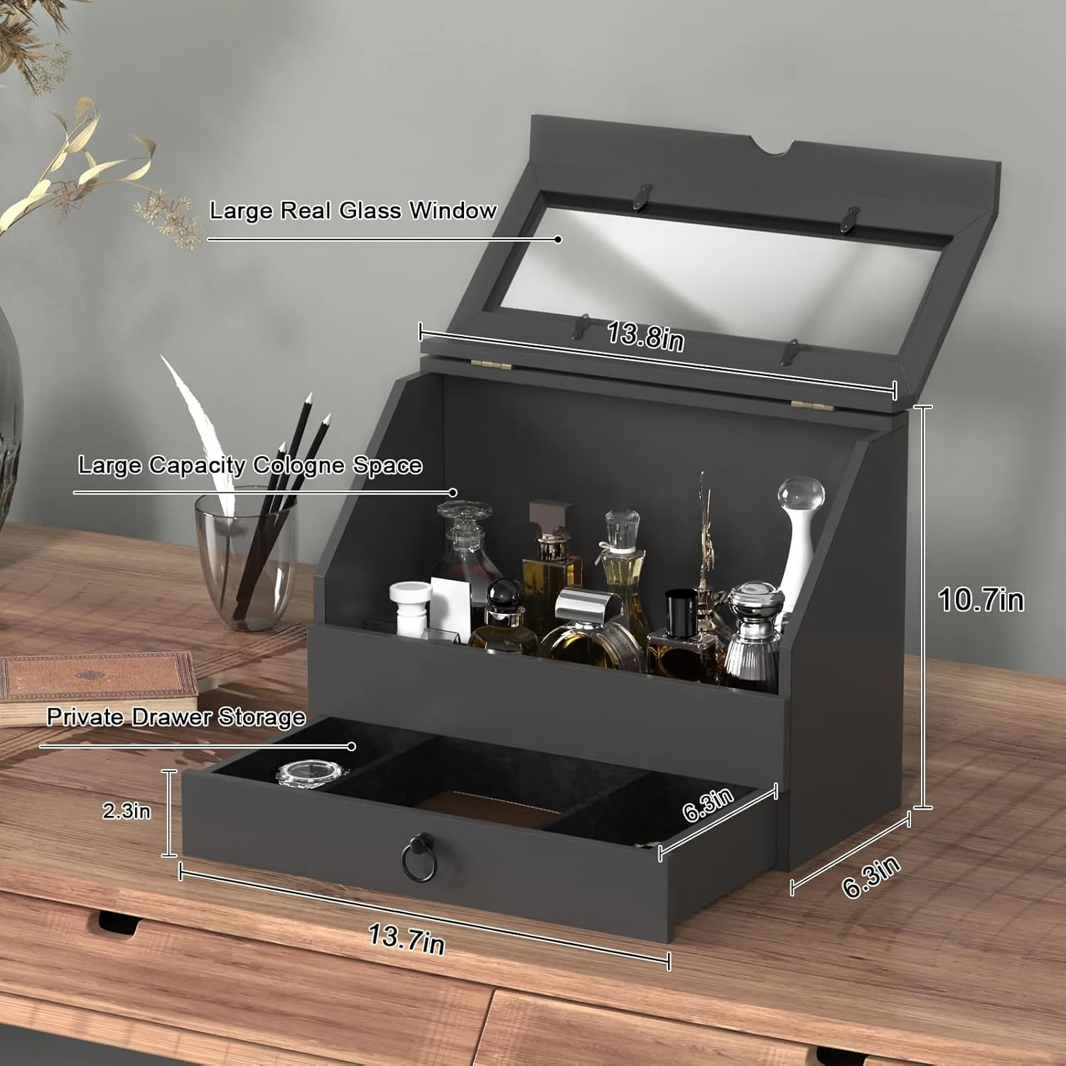 Large Capacity Cologne Storage, Mens Cologne Organizer with Drawer, Black Perfume Stand with Dust-proof Cover, Wood Perfume Display, Great Gift for Men