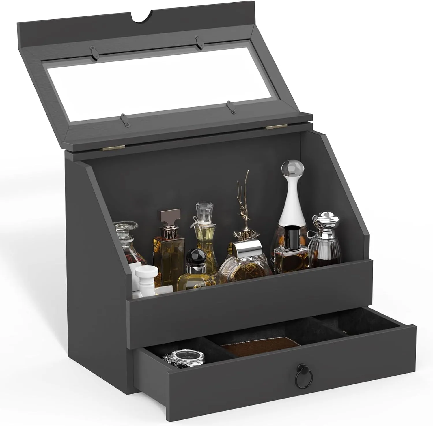 Large Capacity Cologne Storage, Mens Cologne Organizer with Drawer, Black Perfume Stand with Dust-proof Cover, Wood Perfume Display, Great Gift for Men