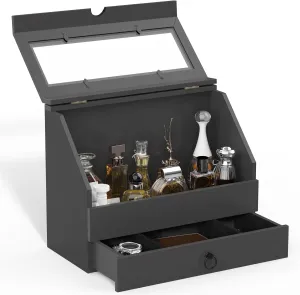 Large Capacity Cologne Storage, Mens Cologne Organizer with Drawer, Black Perfume Stand with Dust-proof Cover, Wood Perfume Display, Great Gift for Men