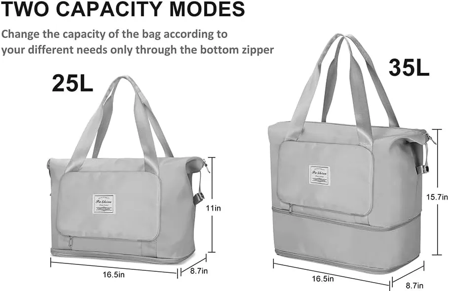 Large Capacity Folding Travel Bag, Lightweight Waterproof Luggage Bag, Expandable Travel Duffel Bag, Dry Wet Separated Gym Tote Bag (Gray)