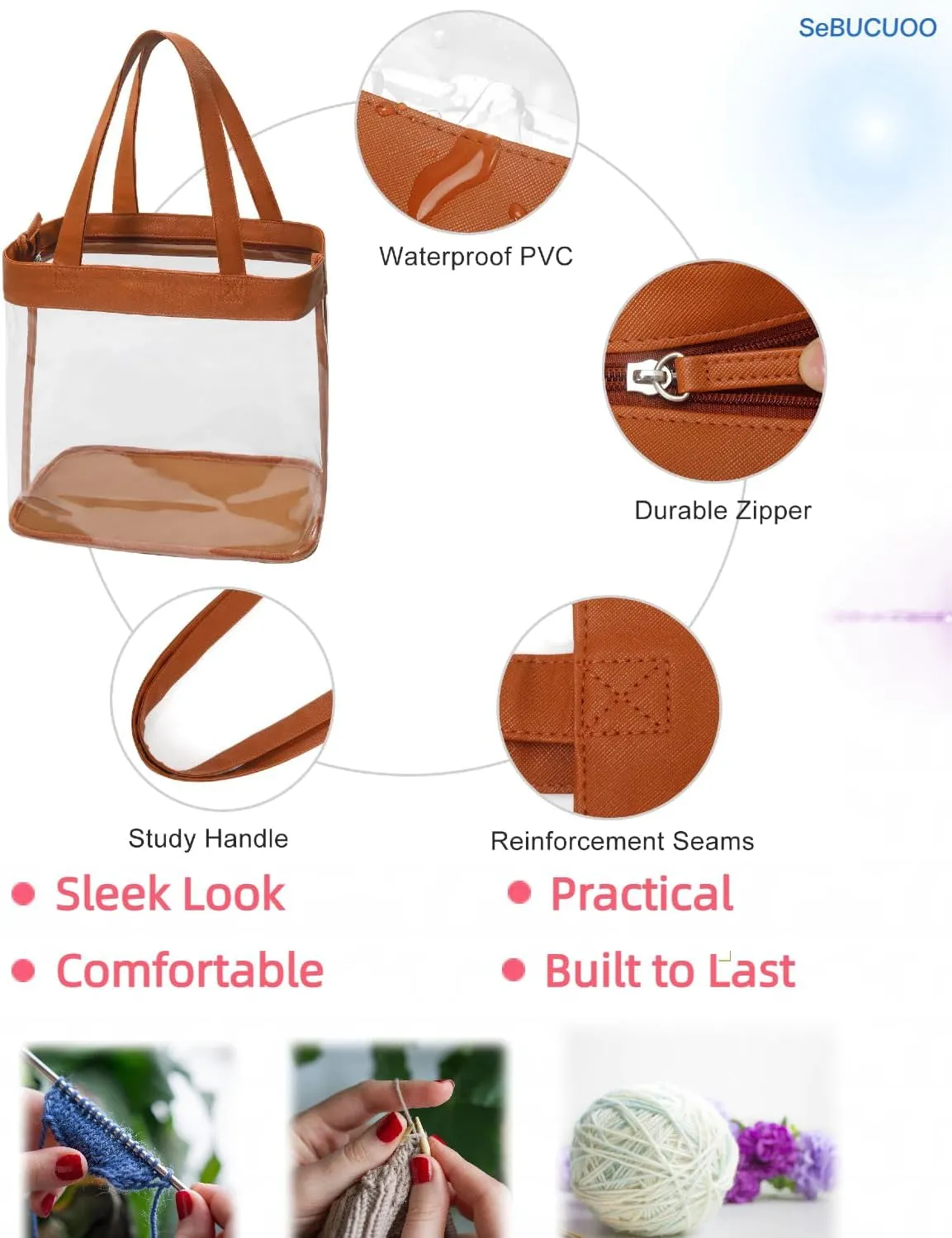 Large Clear Tote Bag Stadium Approved Plastic Yarn Holder for Crocheting Supplies Knitting Crochet Project Bag Craft Storage Transparent See Through Purse for Stadium Events 12 x6 x12,Brown