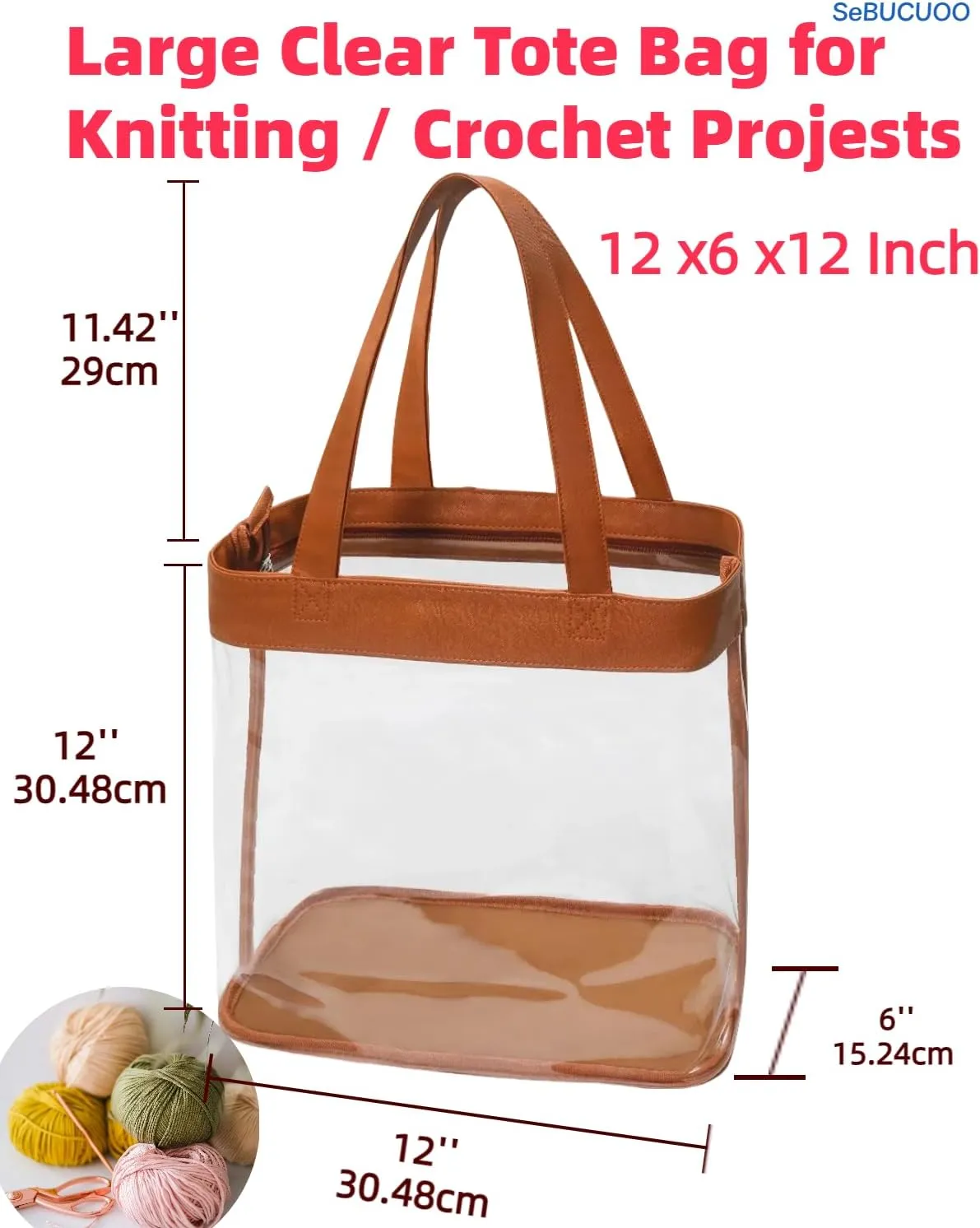 Large Clear Tote Bag Stadium Approved Plastic Yarn Holder for Crocheting Supplies Knitting Crochet Project Bag Craft Storage Transparent See Through Purse for Stadium Events 12 x6 x12,Brown