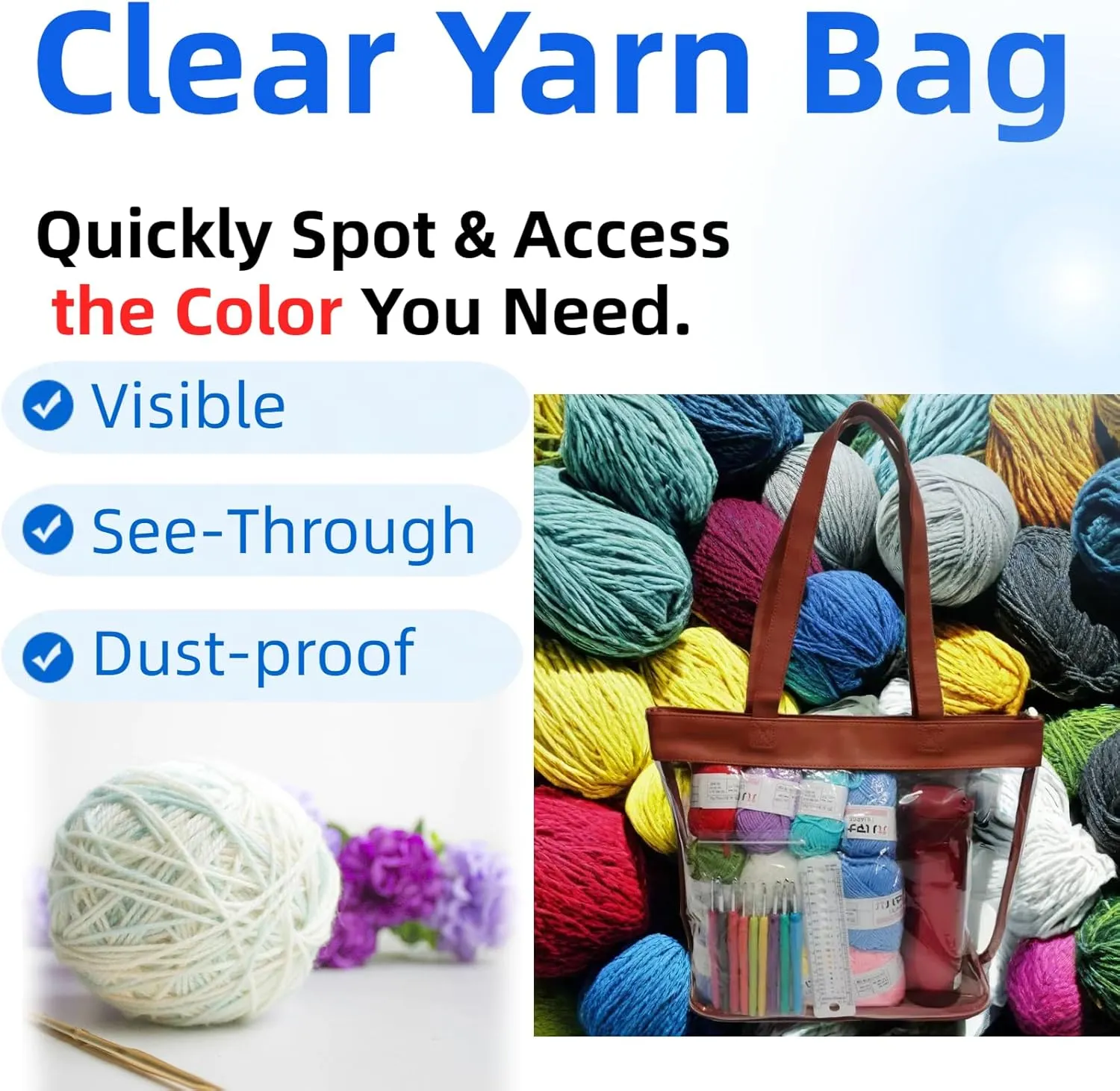 Large Clear Tote Bag Stadium Approved Plastic Yarn Holder for Crocheting Supplies Knitting Crochet Project Bag Craft Storage Transparent See Through Purse for Stadium Events 12 x6 x12,Brown